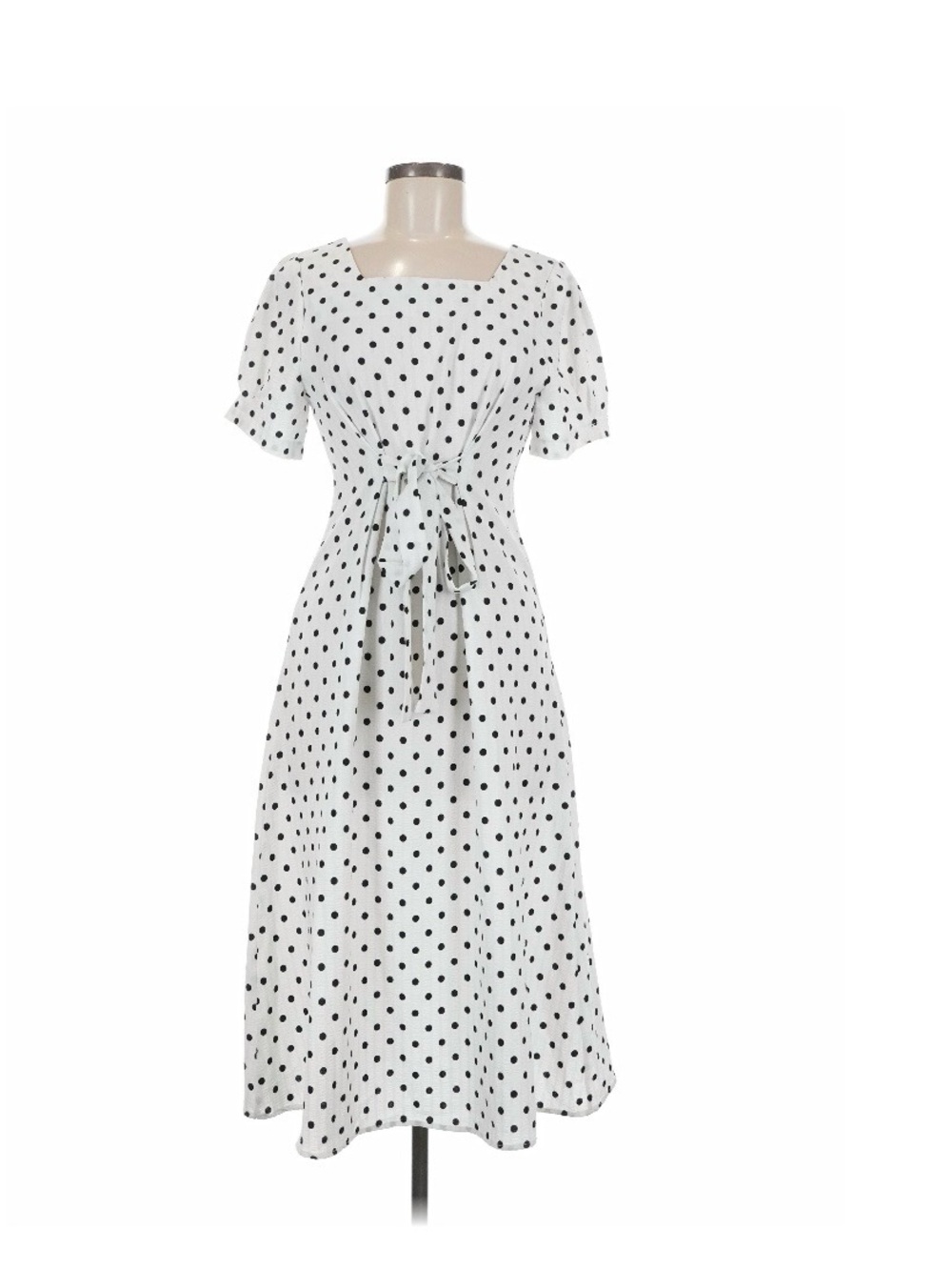 Luxi Aunt Square-Neck Polka Dot Tie-Waist Midi Dress in White and Black